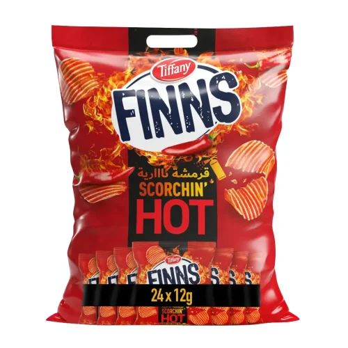 Close-up of Tiffany Finns Scrochin' Hot Potato Chips in mini packs, showing golden crisp chips with bold red seasoning.