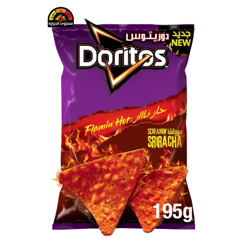Image of Doritos Screamin' Sriracha Tortilla Chips in a 195g pack, with bright red spicy coating on each crunchy chip.